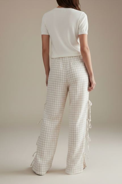 Pantalon Fluide Carreaux Vichy Beige Ample Liens Côtés - Lin - vue 2
