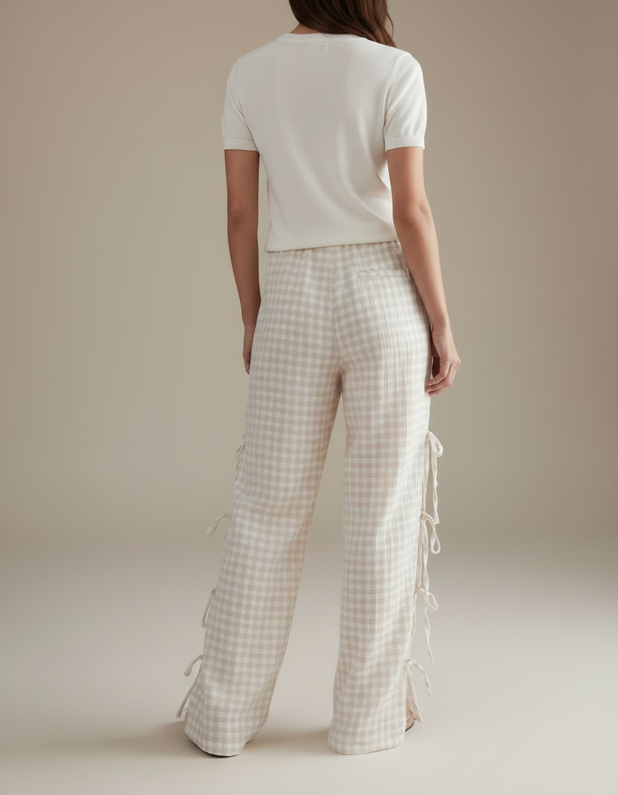 Pantalon Fluide Carreaux Vichy Beige Ample Liens Côtés - Lin - vue 2