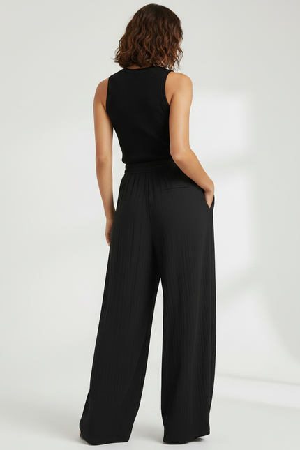 Pantalon Fluide Noir Ample Coton Texturé Décontracté - vue 2