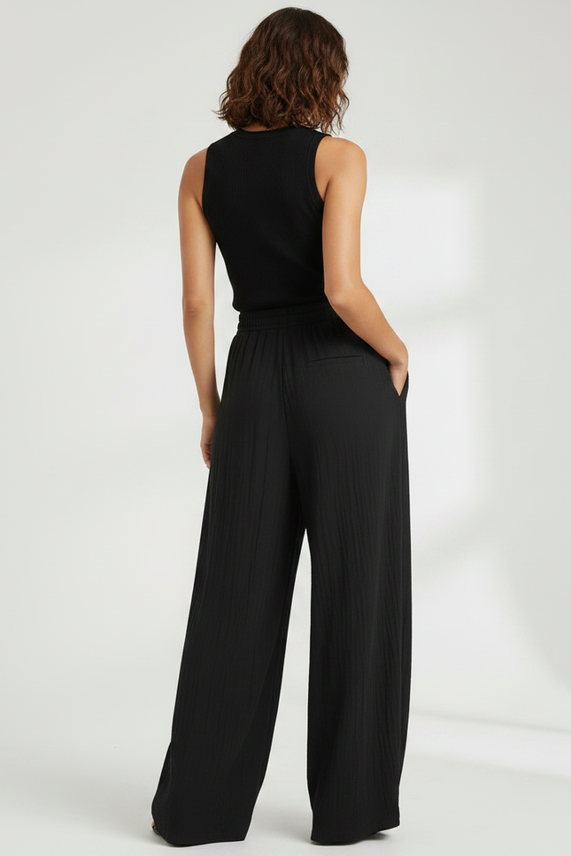Pantalon Fluide Noir Ample Coton Texturé Décontracté - vue 2