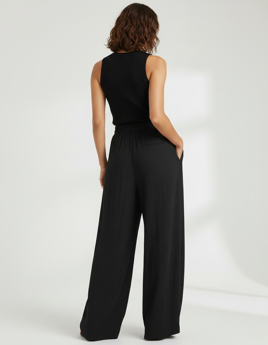 Pantalon Fluide Noir Ample Coton Texturé Décontracté - vue 2