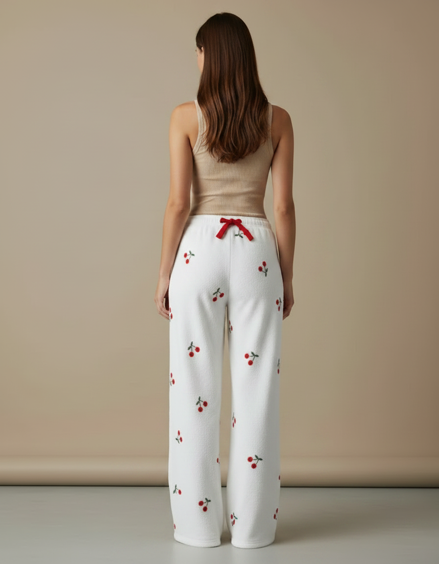 Pantalon Fluide Blanc Cerises Doux Ample Décontracté - Molleton - vue 2