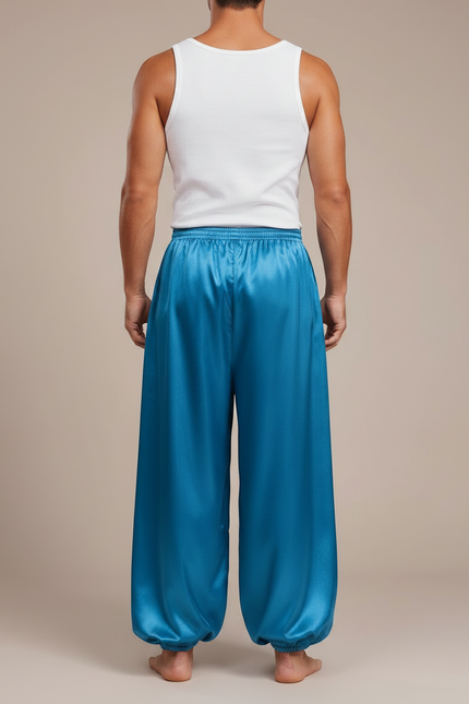 Pantalon Fluide Satiné Turquoise Ample Homme Scène - Bleu - vue 2