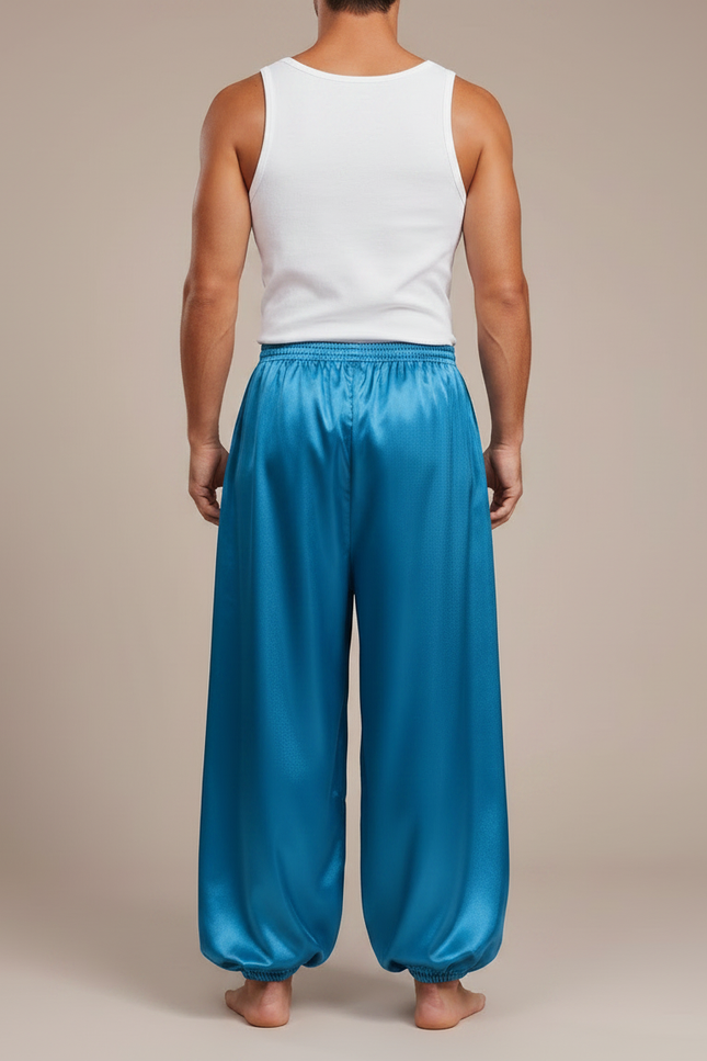 Pantalon Fluide Satiné Turquoise Ample Homme Scène - Bleu - vue 2