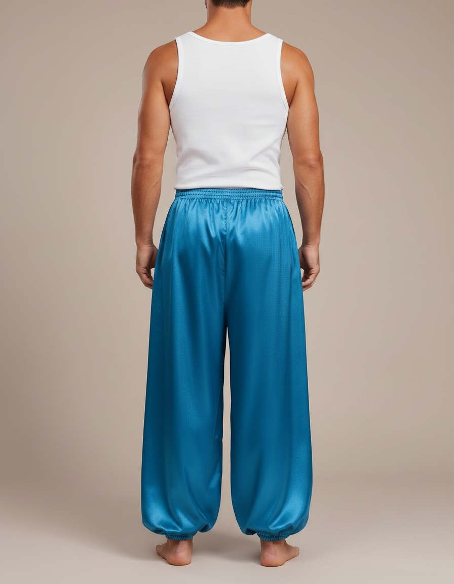 Pantalon Fluide Satiné Turquoise Ample Homme Scène - Bleu - vue 2