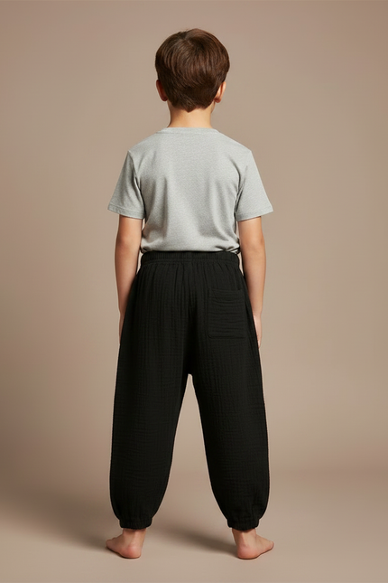 Pantalon Fluide Noir Coton Ample Garçon Plissé - vue 2