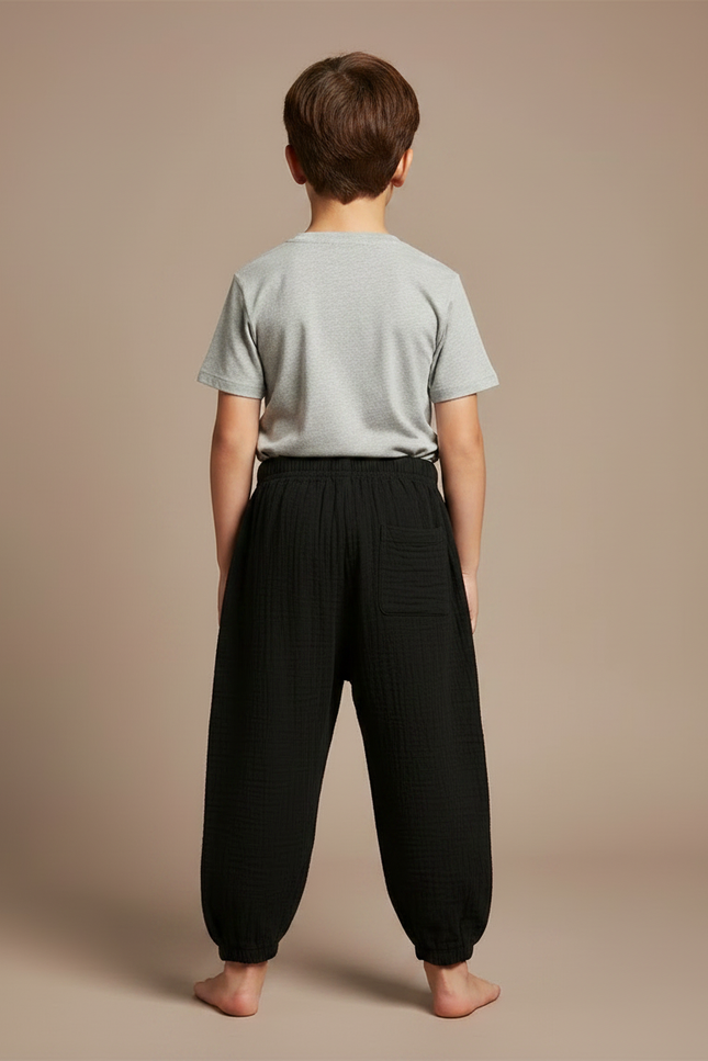 Pantalon Fluide Noir Coton Ample Garçon Plissé - vue 2