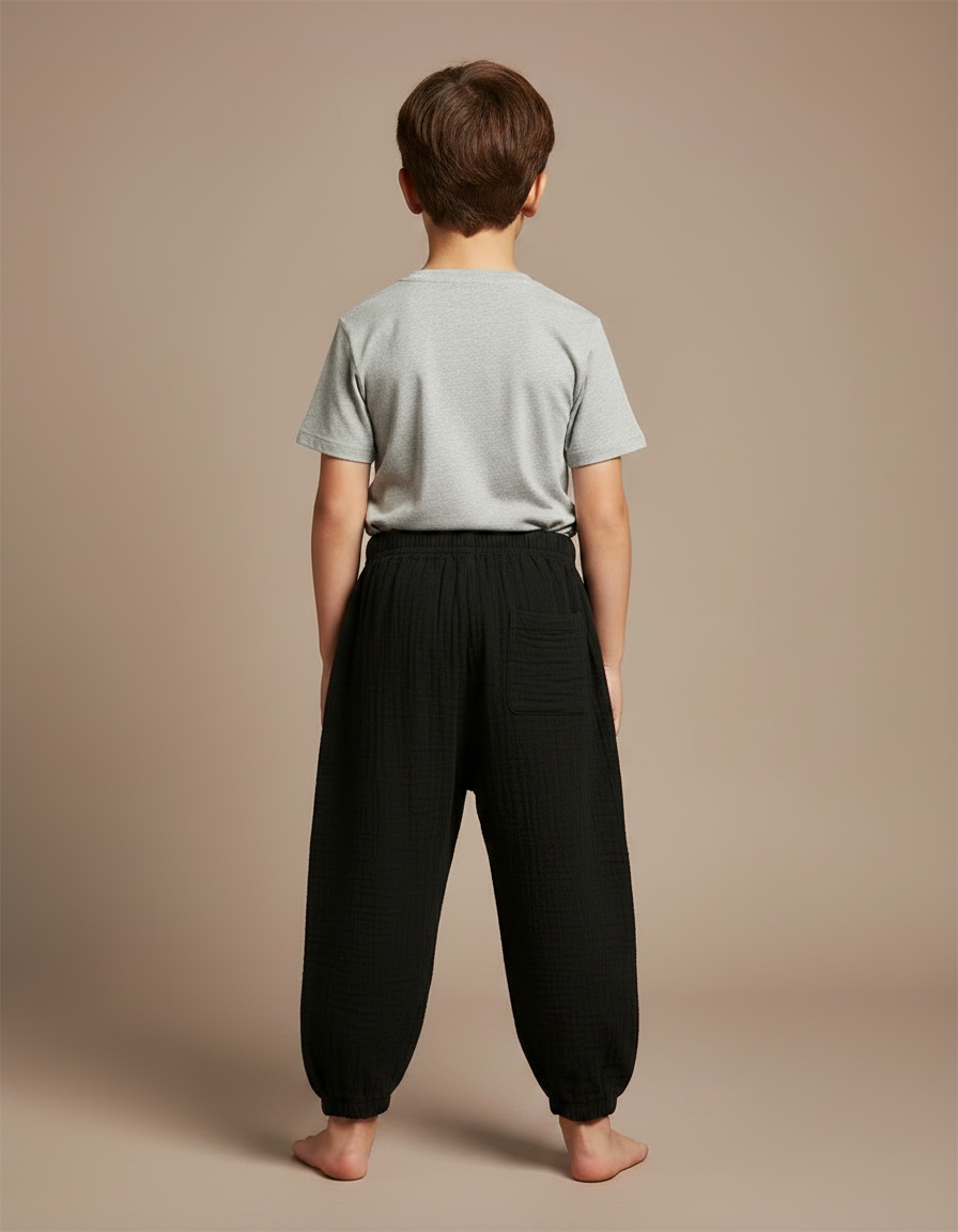Pantalon Fluide Noir Coton Ample Garçon Plissé - vue 2
