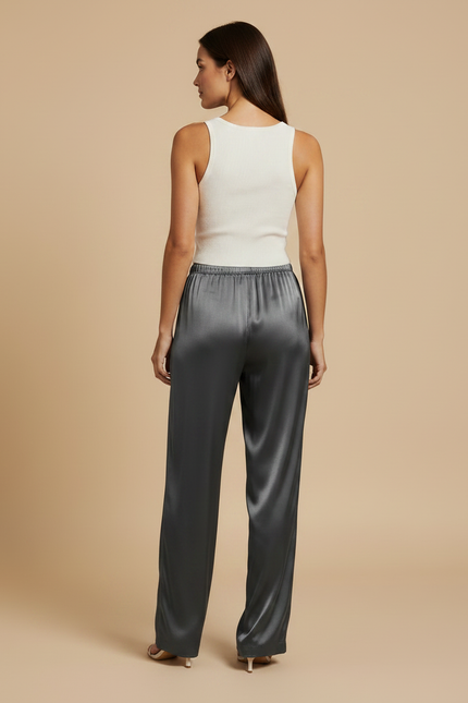 Pantalon Fluide Satiné Gris Ample Taille Haute - vue 2