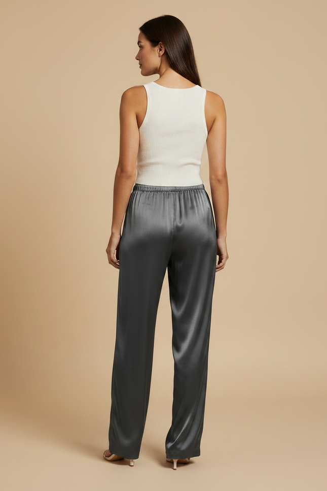 Pantalon Fluide Satiné Gris Ample Taille Haute - vue 2