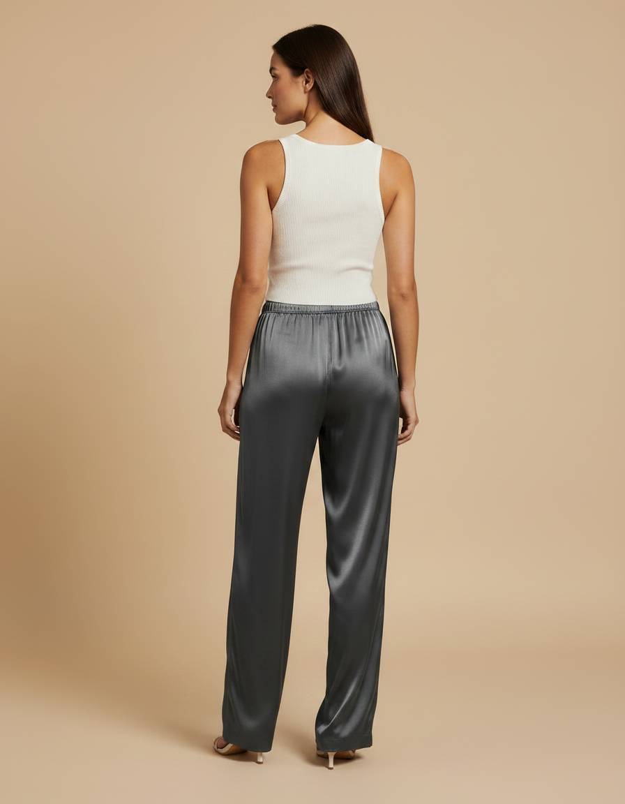 Pantalon Fluide Satiné Gris Ample Taille Haute - vue 2