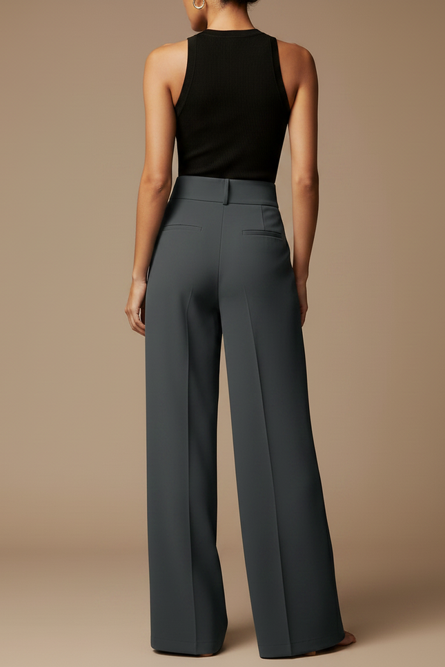 Pantalon Fluide Taille Haute Ample Boutons Élégant - Gris Polyester - vue 2