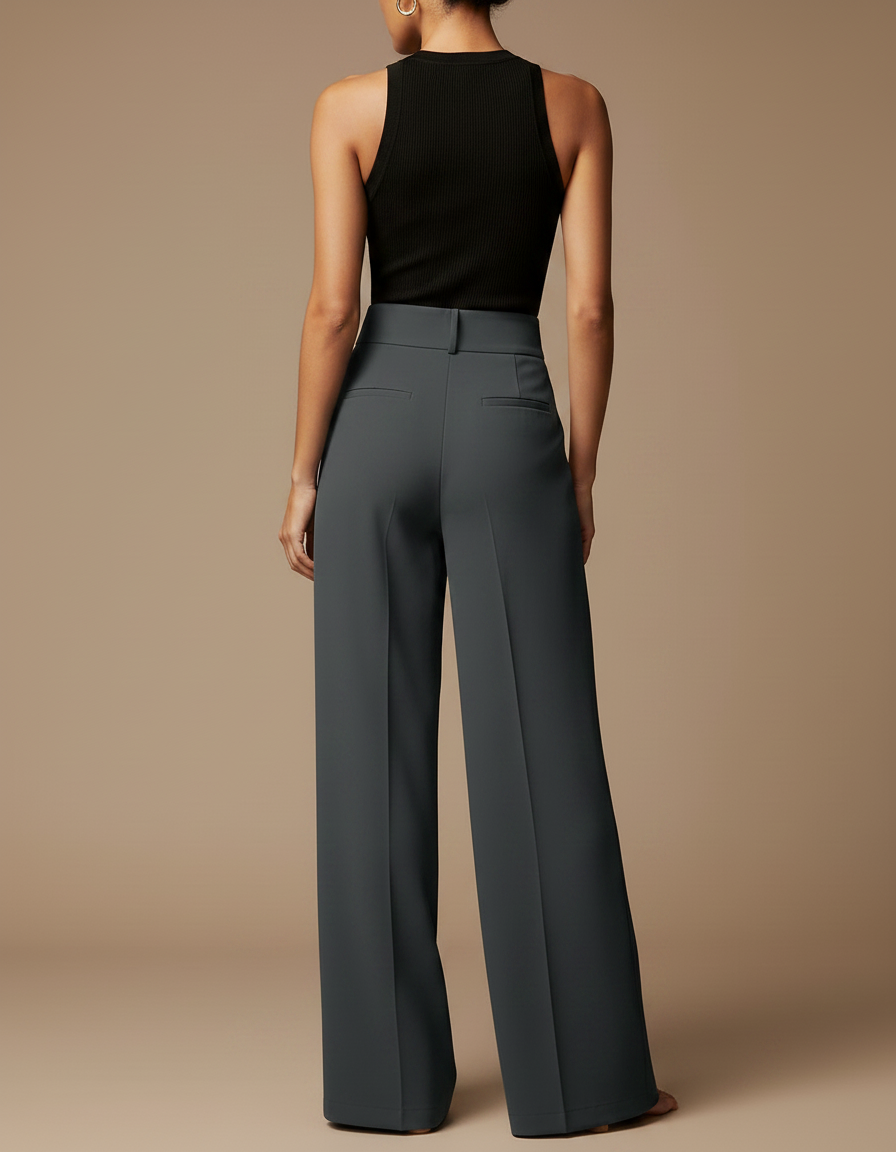 Pantalon Fluide Taille Haute Ample Boutons Élégant - Gris Polyester - vue 2