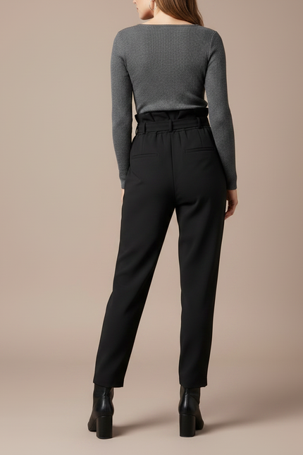 Pantalon Fluide Noir Taille Haute Ceinture Nœud Élégant - Polyester - vue 2