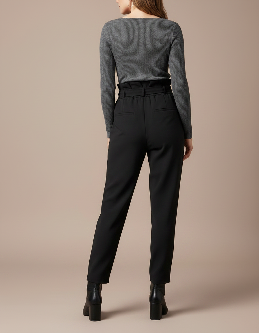 Pantalon Fluide Noir Taille Haute Ceinture Nœud Élégant - Polyester - vue 2