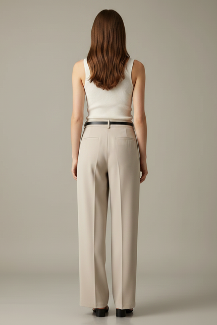 Pantalon Fluide Écru Taille Haute Ample Habillé - Beige Polyester - vue 2