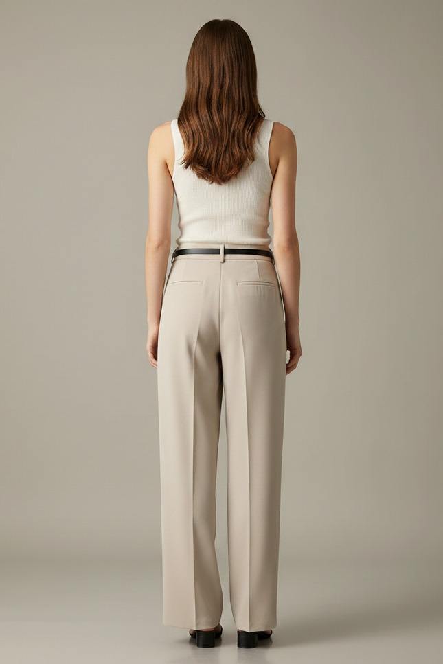 Pantalon Fluide Écru Taille Haute Ample Habillé - Beige Polyester - vue 2