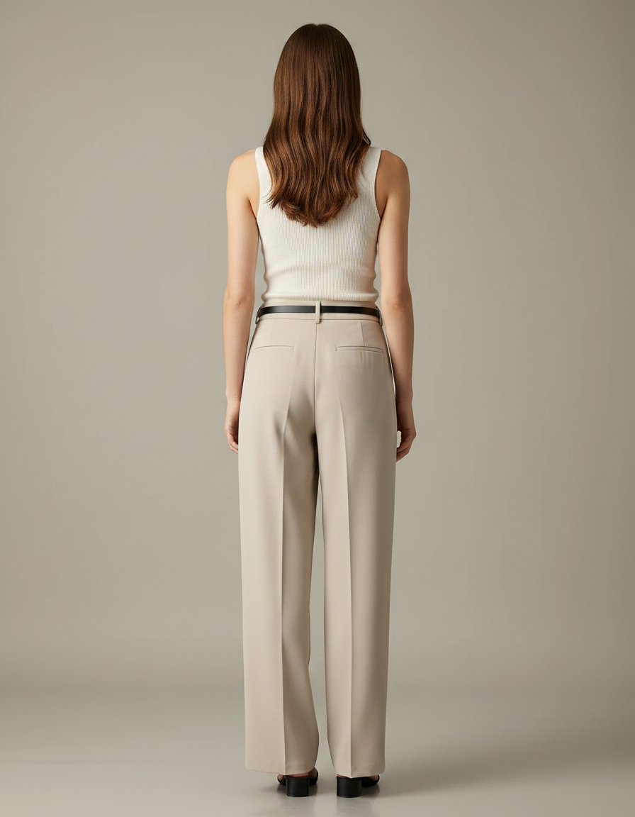 Pantalon Fluide Écru Taille Haute Ample Habillé - Beige Polyester - vue 2