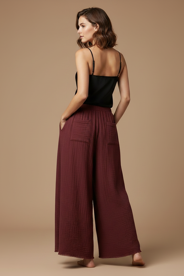 Pantalon Fluide Ample Marron Plissé Décontracté Coton - Bordeaux - vue 2