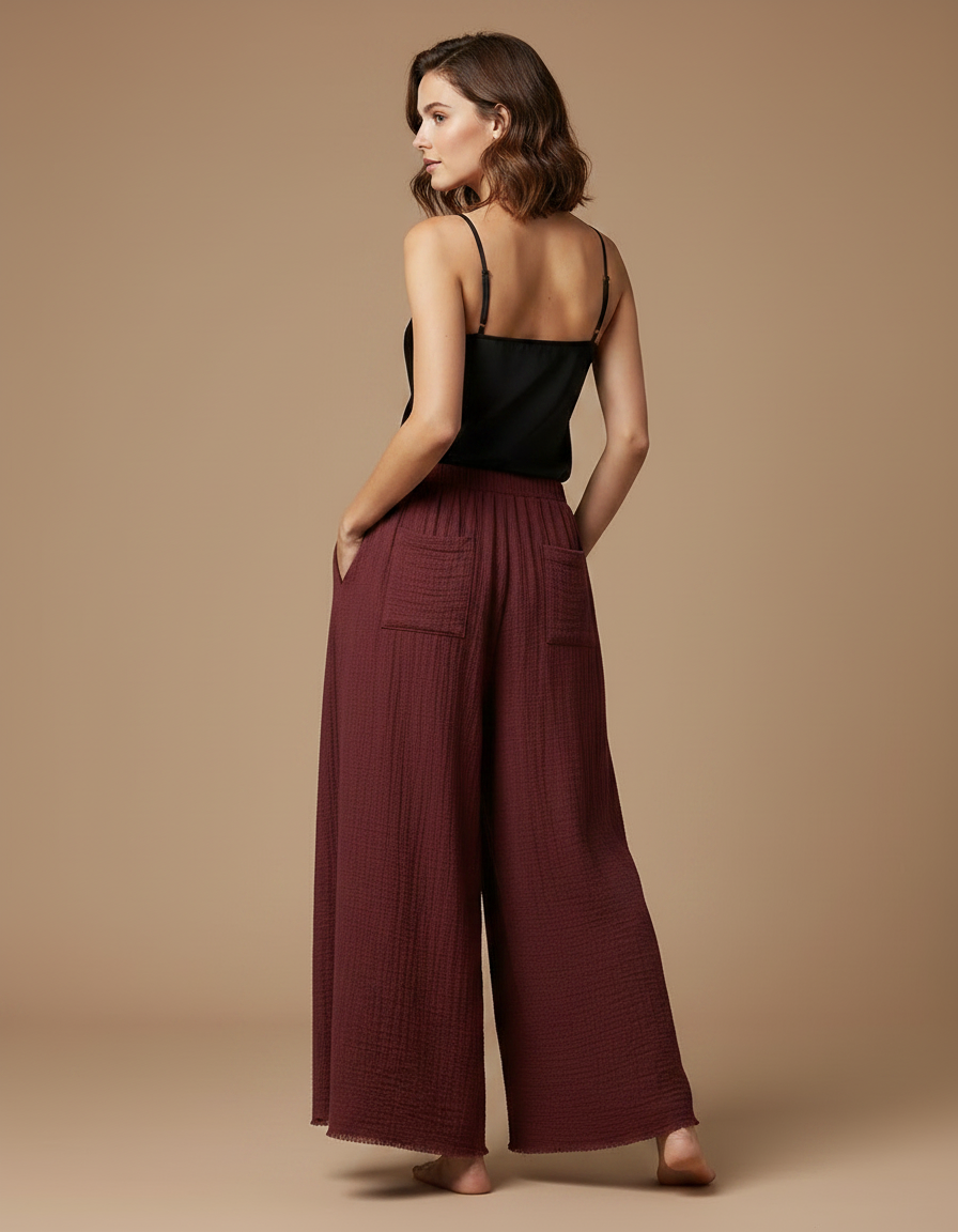 Pantalon Fluide Ample Marron Plissé Décontracté Coton - Bordeaux - vue 2