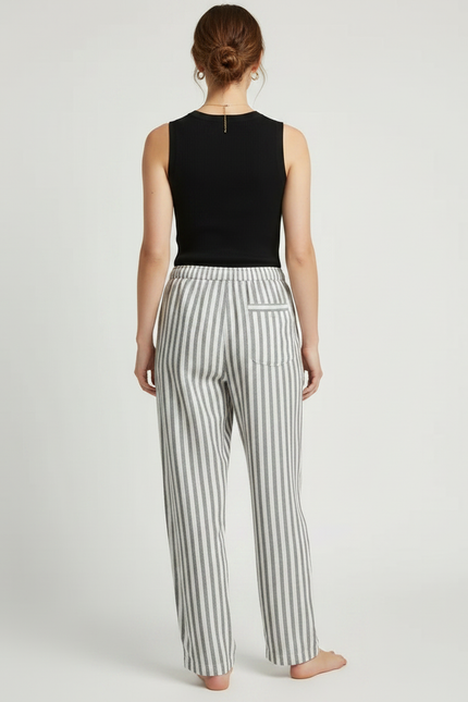 Pantalon Fluide Rayé Gris Blanc Coton Ample Décontracté - Imprimé - vue 2