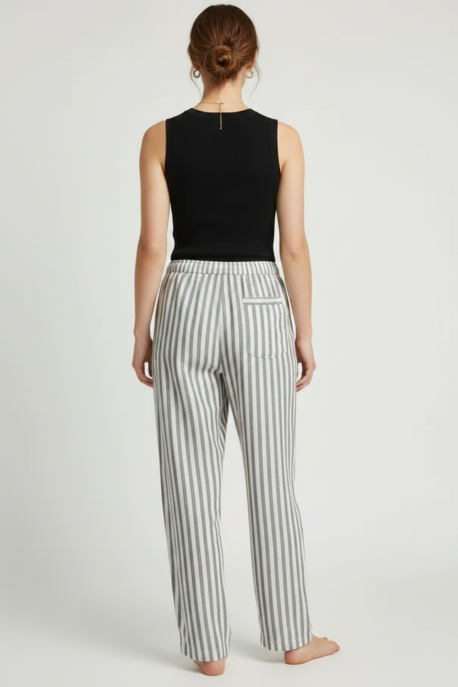 Pantalon Fluide Rayé Gris Blanc Coton Ample Décontracté - Imprimé - vue 2