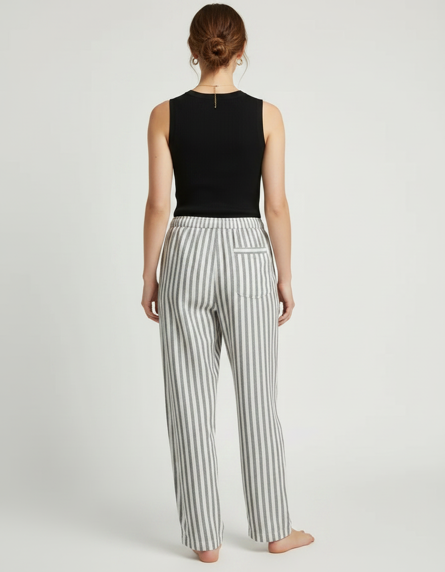 Pantalon Fluide Rayé Gris Blanc Coton Ample Décontracté - Imprimé - vue 2