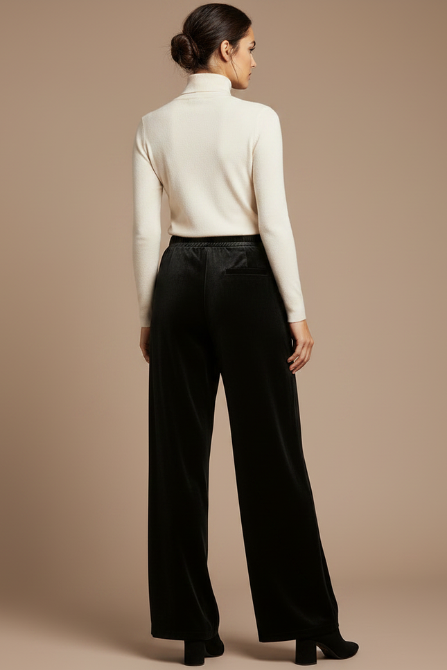 Pantalon Fluide Velours Noir Ample Élégant Femme - vue 2