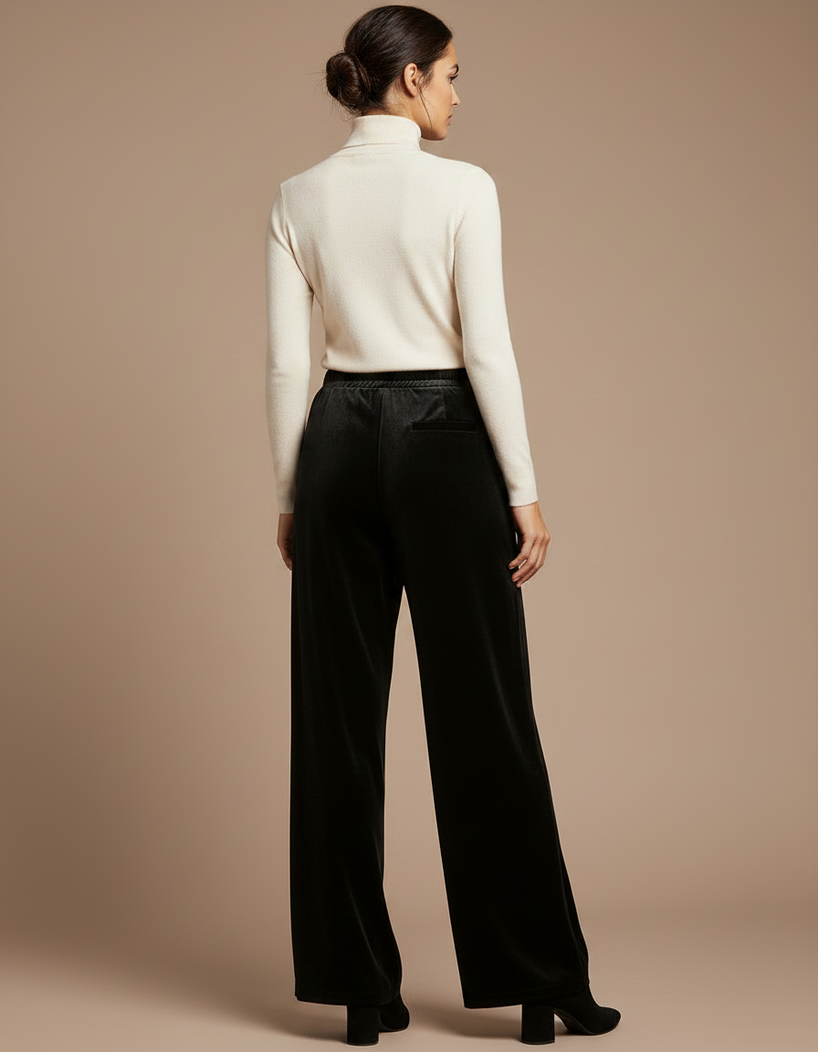 Pantalon Fluide Velours Noir Ample Élégant Femme - vue 2