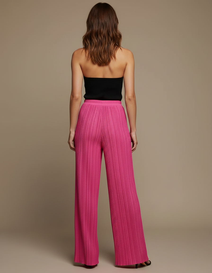 Pantalon Fluide Plissé Rose Ample Élégant Femme - Polyester - vue 2