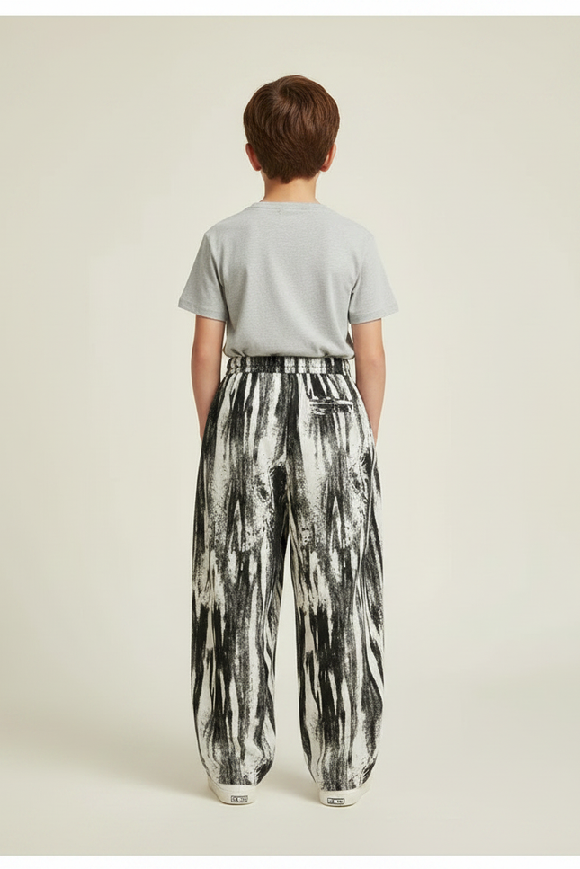 Pantalon Fluide Noir Blanc Ample Imprimé Peinture Décontracté - Viscose - vue 2