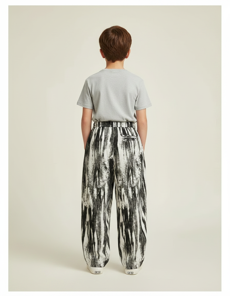 Pantalon Fluide Noir Blanc Ample Imprimé Peinture Décontracté - Viscose - vue 2