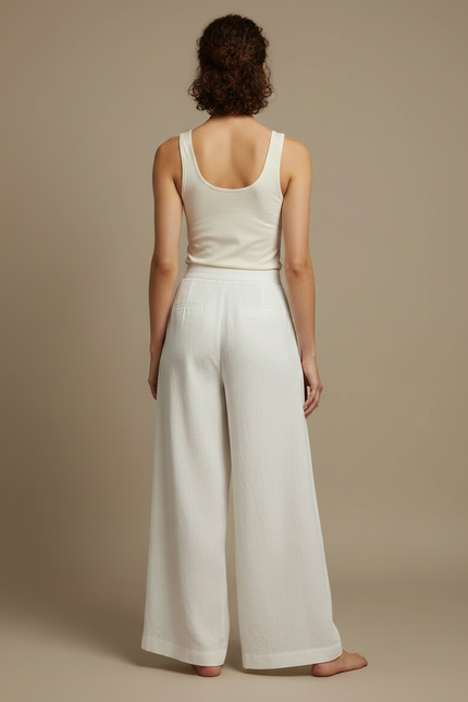 Pantalon Fluide Blanc Ample Lin Femme Élégant - vue 2