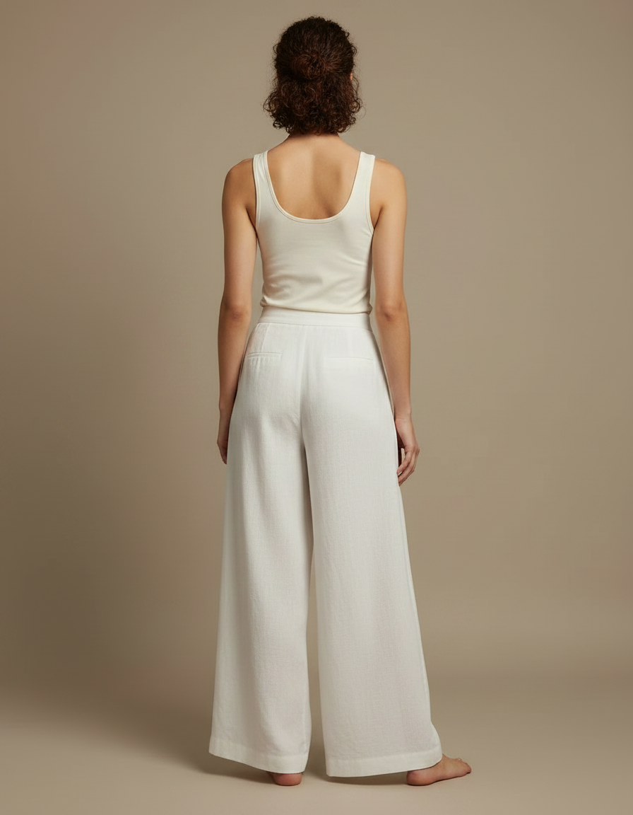 Pantalon Fluide Blanc Ample Lin Femme Élégant - vue 2