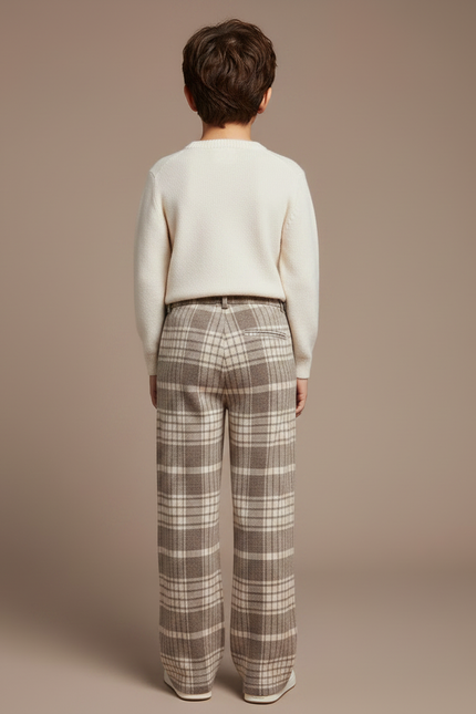 Pantalon Fluide Carreaux Laine Ample Marron Enfant - vue 2