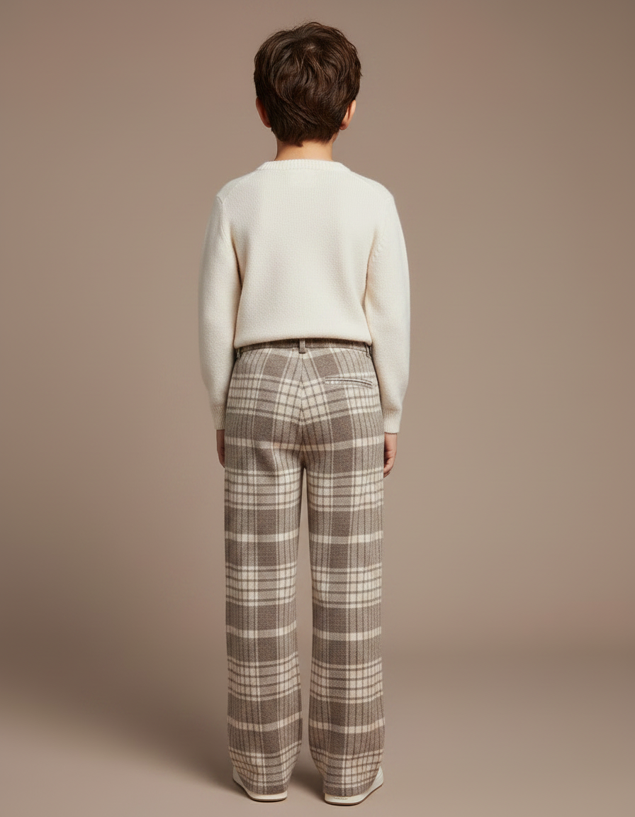 Pantalon Fluide Carreaux Laine Ample Marron Enfant - vue 2