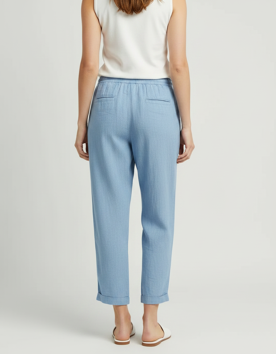 Pantalon Fluide Bleu Ciel Lin Ample Cordon Femme - vue 2