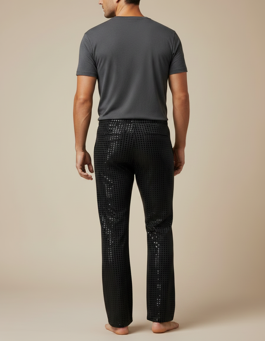 Pantalon Fluide Noir Paillettes Évasé Disco Homme - Polyester - vue 2