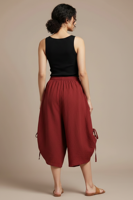 Pantalon Fluide Rouge Ample Coton Taille Haute - Bordeaux Lin - vue 2