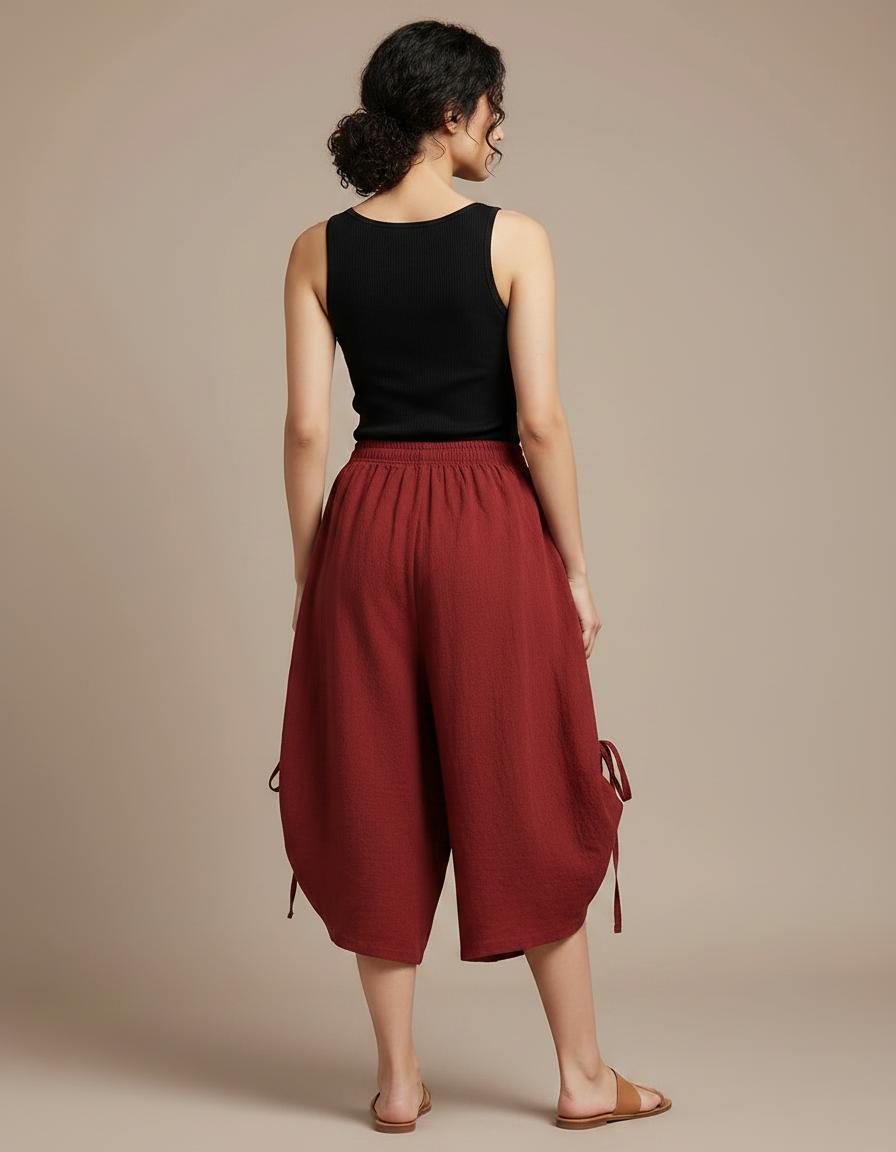 Pantalon Fluide Rouge Ample Coton Taille Haute - Bordeaux Lin - vue 2