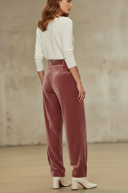 Pantalon Fluide Velours Rose Taille Haute Plissé - vue 2