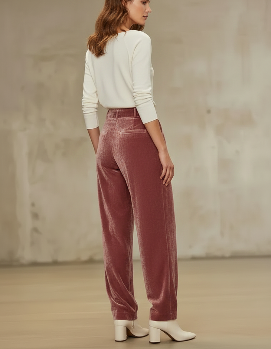 Pantalon Fluide Velours Rose Taille Haute Plissé - vue 2
