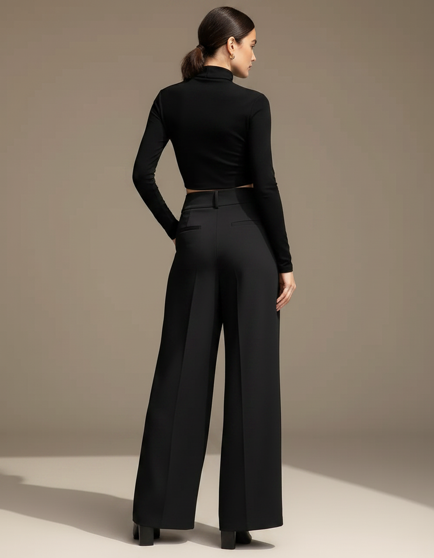 Pantalon Fluide Noir Ample Taille Haute Femme - Viscose - vue 2