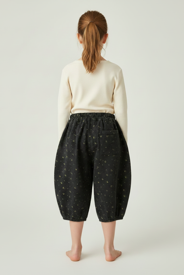 Pantalon Fluide Noir Ample Fleuri Fille - Cordé - vue 2