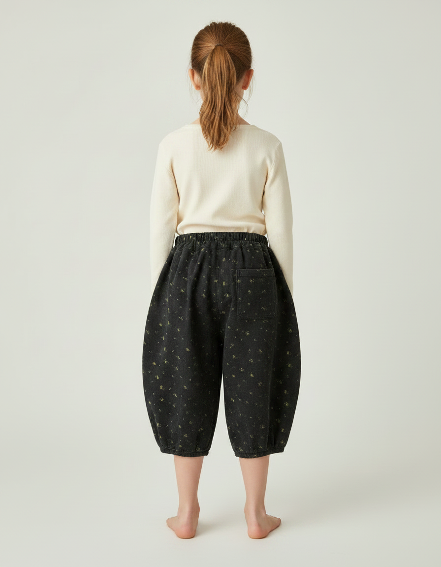 Pantalon Fluide Noir Ample Fleuri Fille - Cordé - vue 2