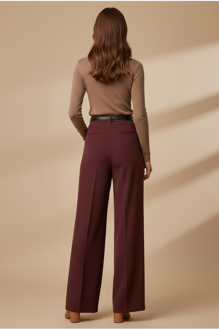 Pantalon Fluide Bordeaux Ample Taille Haute Élégant - Polyester - vue 2