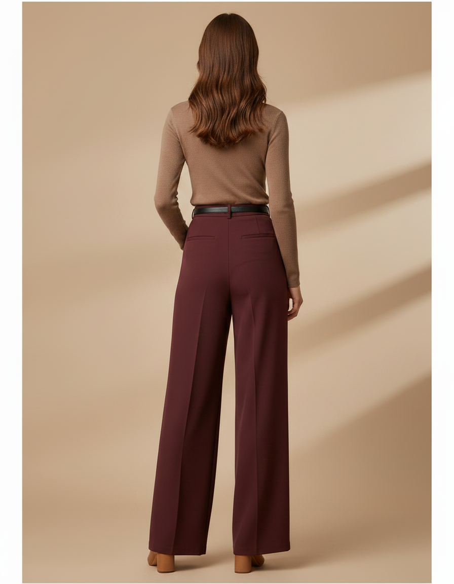 Pantalon Fluide Bordeaux Ample Taille Haute Élégant - Polyester - vue 2