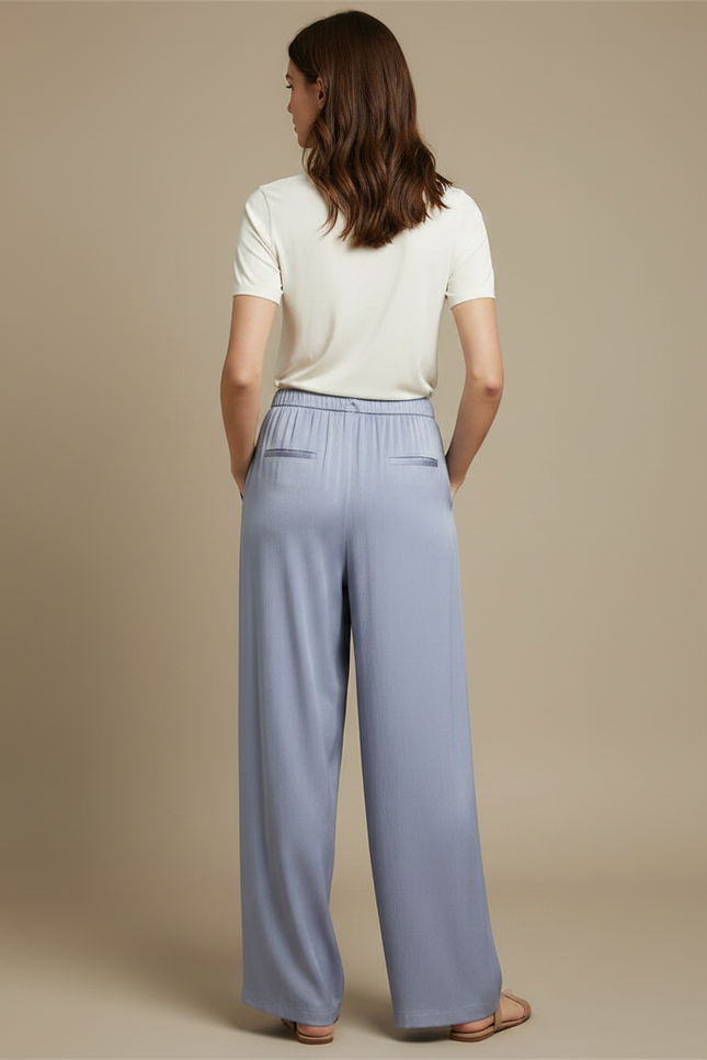 Pantalon Fluide Bleu Ciel Ample Satiné Décontracté Femme - vue 2