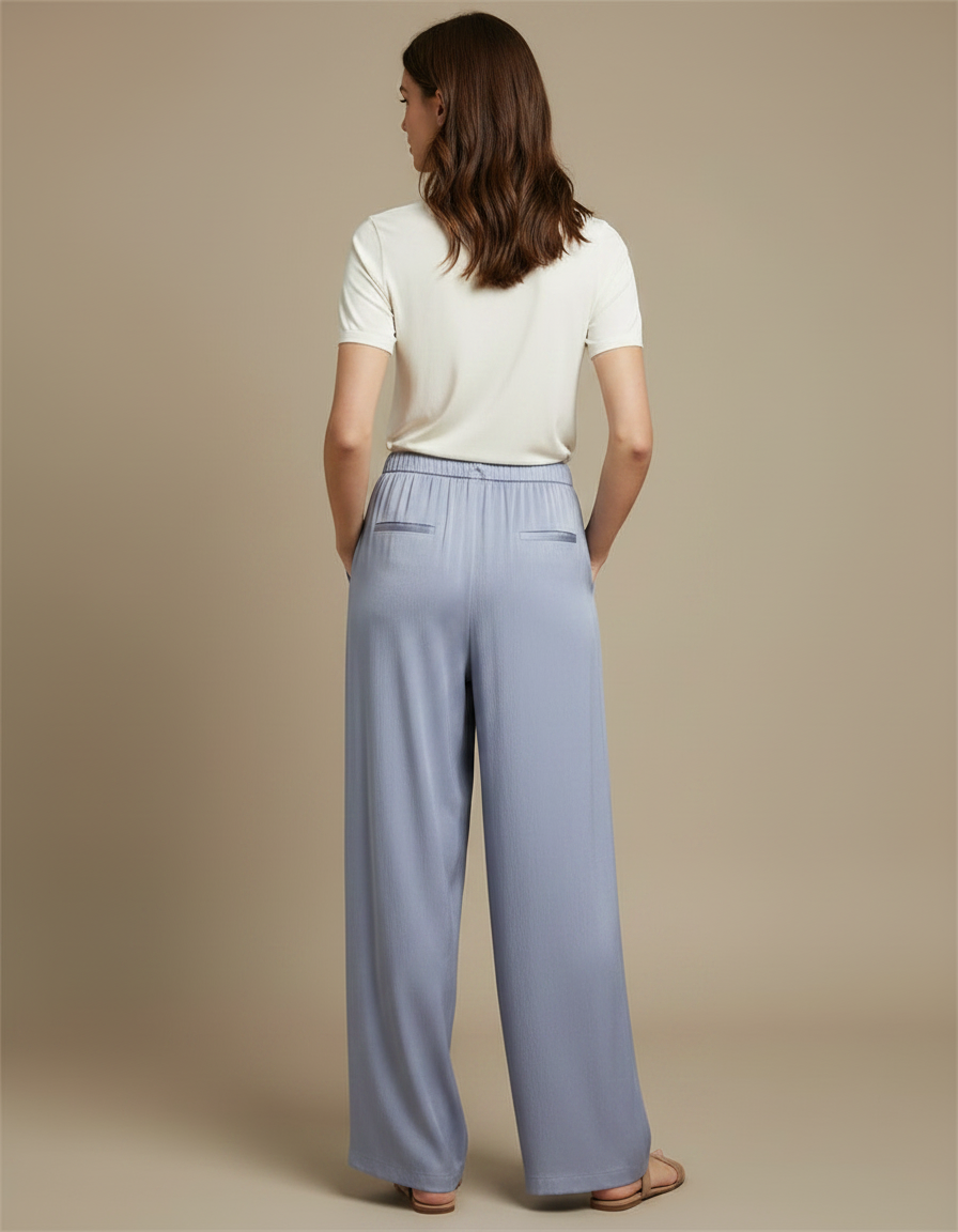 Pantalon Fluide Bleu Ciel Ample Satiné Décontracté Femme - vue 2