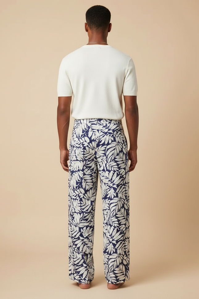 Pantalon Fluide Imprimé Feuillage Bleu Ample Homme - Marine Viscose - vue 2